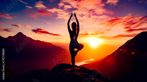 Woman doing yoga on top of mountain with the sun in the background.