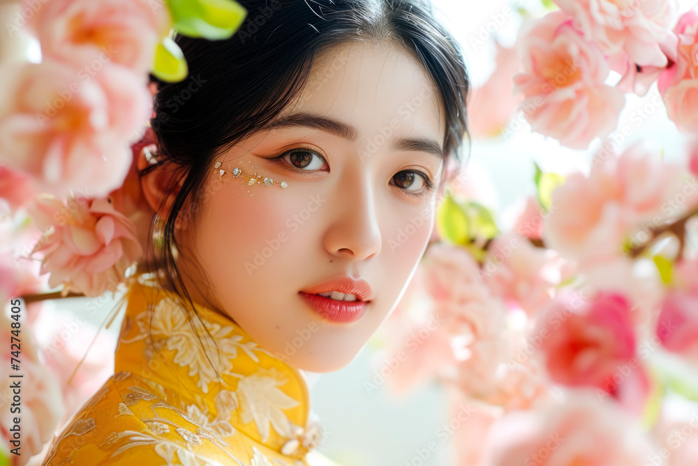 Serious young asian female with bright colorful makeup wearing traditional clothes