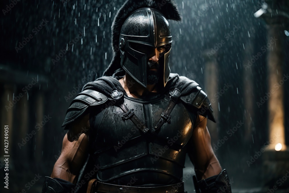 Naklejka premium spartan soldier in raining night