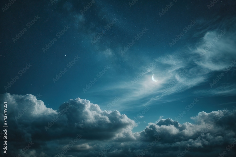 stars moon clouds fluffy clouds nighttime sky