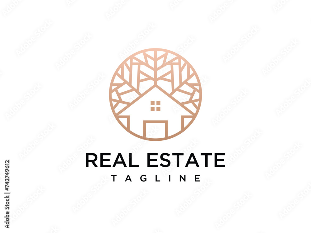 Tree house logo design, concept of leaves on a house. House logo made with stripes Tree house logo design, concept of leaves on a house. House logo made with stripes