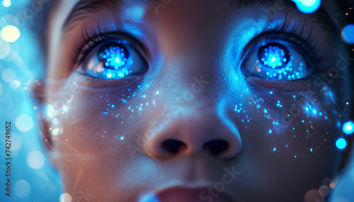 A close up of an AI childs face eyes glowing with data streams as they interface directly with cloud computing networks learning and evolving a testament to the potential of AI in shaping future