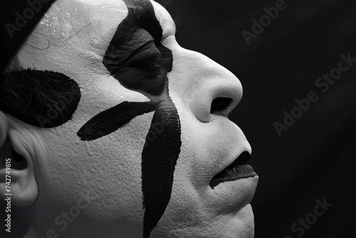Mime artist performing silent storytelling painted face contrasting sharply against a black background