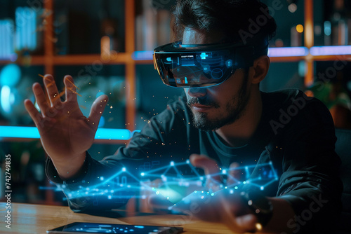 A tech savvy user in a dynamic workspace manipulating holographic data interfaces projected from their mobile device showcasing the integration of mobile computing with cloud based data analysis photo