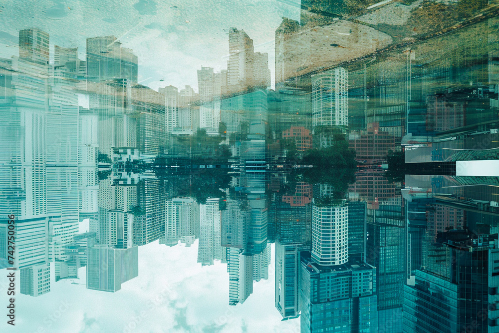 An urban cityscape reflected in a mirror like surface revealing a ...