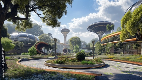 A public park in the heart of a futuristic eco-city, featuring innovative water conservation systems, solar-powered lights, and community gardens. 8k