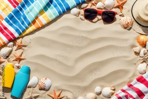 Sunny beach day essentials with towels, sunscreen, hat, and sunglasses on sand, surrounded by seashells. Ideal for summer vacations & beach retreats. Generative ai