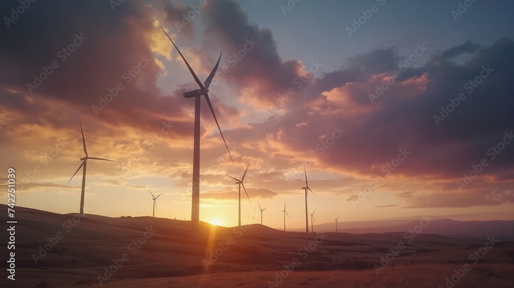 Obraz premium A scenic view of a wind farm at sunset, with towering wind turbines standing against a vibrant sky, symbolizing renewable energy solutions. 8k