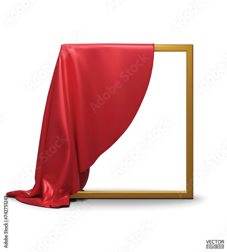 Red Silk fabric unveiling a golden empty frame isolated on white background. Red satin covered objects. 3d vector illustration.