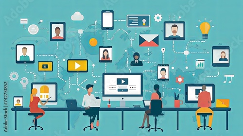 illustration of business people holding virtual meetings and connecting with each other to the internet