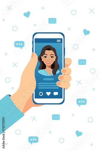 Dating service app concept on phone screen. Man hand holding smartphone with woman profile. Virtual relationship, acquaintance in social network. Vector illustration in flat style.