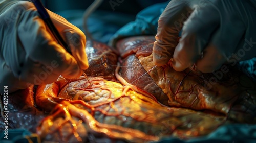 A detailed scene of cardiovascular surgery with surgeons performing intricate procedures on heart vessels under bright lights. photo