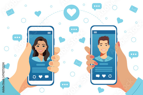 Dating service app concept on phone screen. Man and woman holding smartphones with each other profile. Virtual relationship, acquaintance in social network. Vector illustration in flat style.