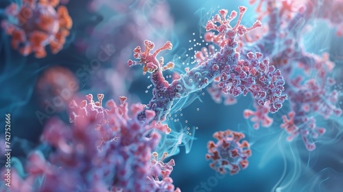 Microscopic close-up view of antibodies binding to antigens on the surface of a virus, showcasing the immune response.