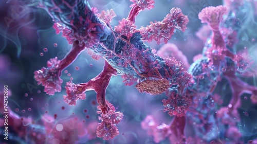 A high-resolution image depicting the complex interactions between immune cells and pathogens in the human body. photo