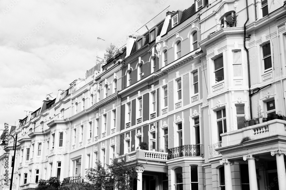 Notting Hill, London. Architecture of England. Black and white photo.