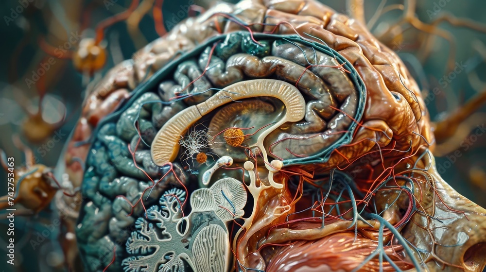 Brain Exploration An intricate 3D illustration showcasing the detailed anatomy of the ...