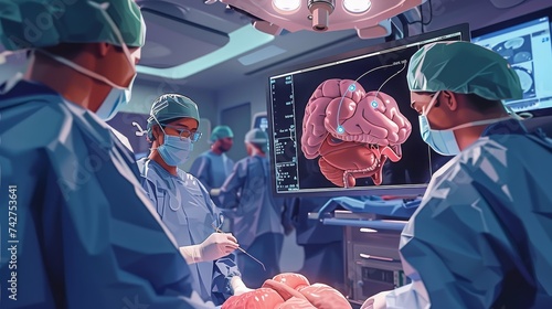 A group of concentrated neurosurgeons engage in a delicate brain surgery, guided by high-resolution neural imaging.