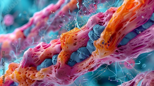 Ultra-high-resolution image revealing the complex and colorful structure of cellular tissue at the microscopic level. photo