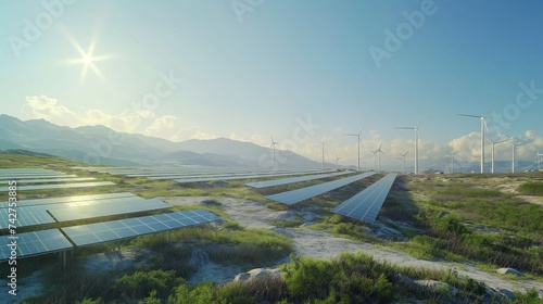 A vast landscape featuring a mix of solar panels and wind turbines against a backdrop of clear skies, symbolizing the shift towards renewable energy sources. 8k