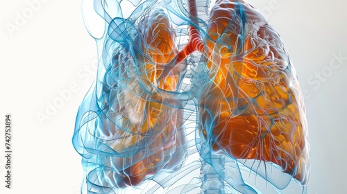 Transparent anatomical model showcasing detailed human lungs intertwined with the cardiovascular system against a white backdrop. photo