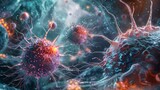 A striking visualization of cancer cells under attack by the body's immune response, illustrating medical and biological concepts.