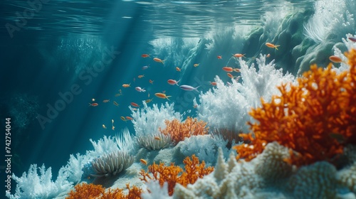 A vivid underwater scene showing a coral reef affected by bleaching, with a noticeable contrast between vibrant healthy corals and bleached, white ones. 8k photo