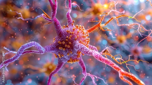 Vivid digital art of a neuron with detailed synaptic connections, highlighting neural communication.