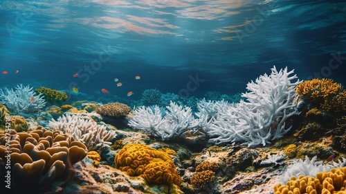 A vivid underwater scene showing a coral reef affected by bleaching  with a noticeable contrast between vibrant healthy corals and bleached  white ones. 8k