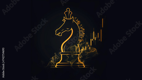 a logo of a luxurious chess knight, gold market charts in the behind, black flat background with smoke