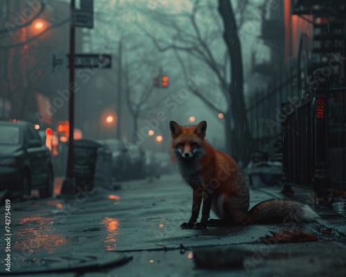 An urban fox stands out in a moody, rain-soaked cityscape, its gaze capturing the essence of wild life adapting to urban environments.