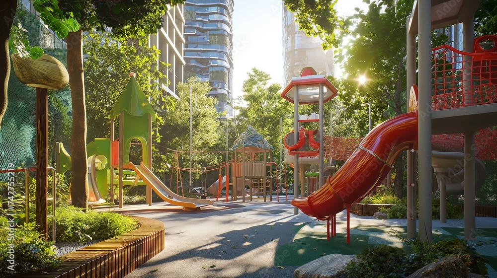 An eco-friendly children's playground in a futuristic city, made from sustainable materials, with energy-generating play equipment. 8k An eco-friendly children's playground in a futuristic city, made from sustainable materials, with energy-generating play equipment. 8k