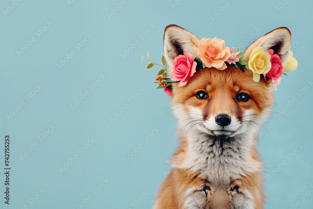 Obraz premium Fox cub with flower crown on blue background. Cute animal wearing wreath of flowers. Spring nature beauty. Wildlife concept. Design for invitation, greeting card, banner with copy space