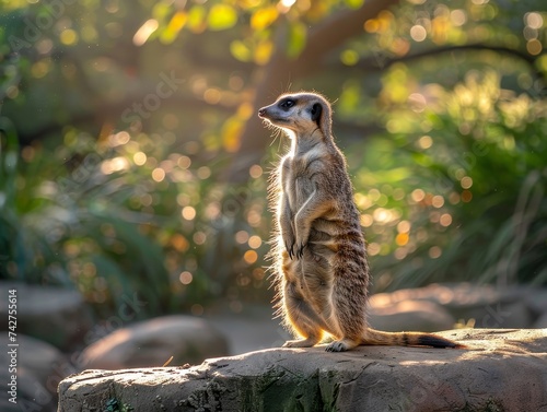 A single meerkat basks in the dappled sunlight filtering through lush green foliage, highlighting the animal's serene moment of rest.