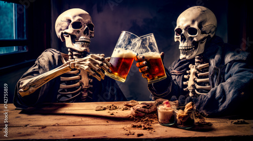 Three skeletons toasting with beer in front of table with cookies and cookies.