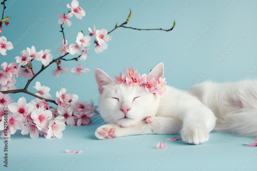 White cat with cherry blossoms on blue background. Cute pet wearing wreath of flowers. Spring nature beauty. Easter holiday concept. Design for invitation, greeting card, banner  - obrazy, fototapety, plakaty 