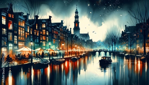 Amsterdam night aquarelle painting