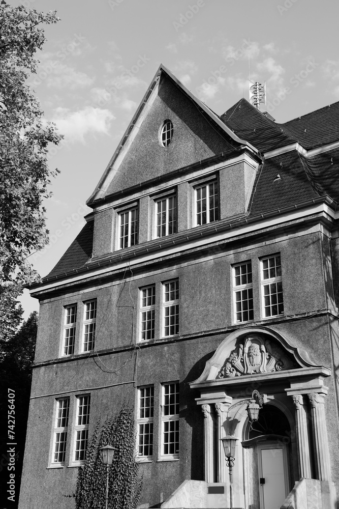 Holzwickede, Germany. Architecture of Germany. Black and white photo.