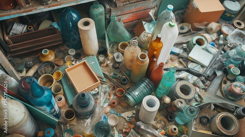 Creative upcycling projects, where discarded items are transformed into useful products, displayed in a workshop setting, promoting waste reduction and sustainability. 8k photo