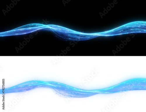 Strand of blue light float isolated on black, curves, fluidity of data streams in a virtual space, perfect for high-tech design use. 3D render