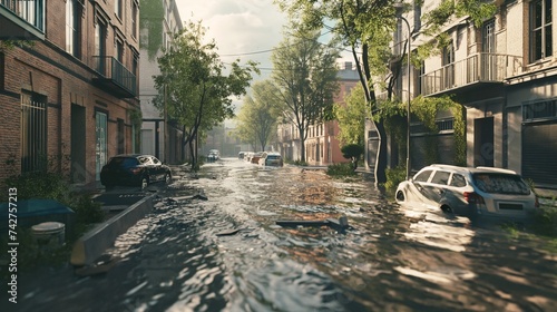 Streets of a generic city flooded with water after heavy rains, showing vehicles and buildings affected by the flood, illustrating extreme weather events. 8k