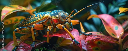 Close-up of a colorfully painted grasshopper on dew-covered leaves, showcasing intricate details and patterns. photo