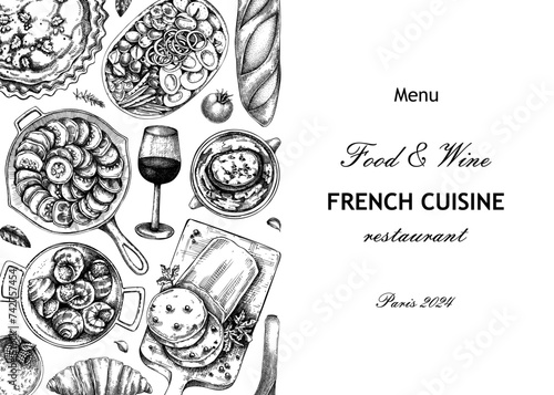 French restaurant menu design template. France food and wine from sketches. European food background. Hand-drawn vector illustration, NOT AI generated