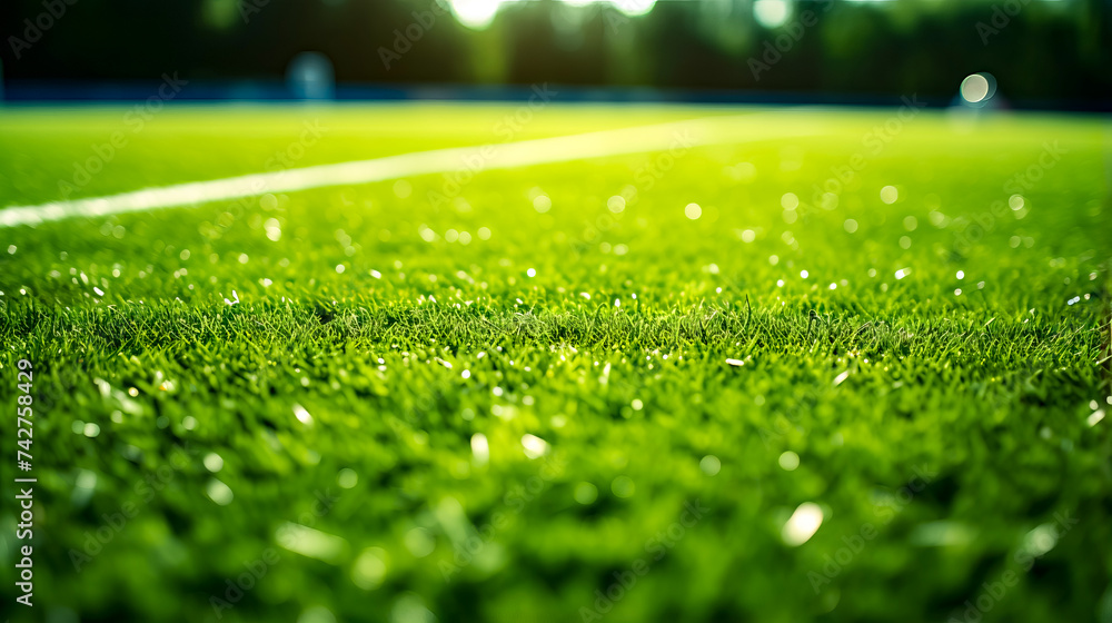 Soccer field with green grass and water droplets on the grass and the sun shining in the background.