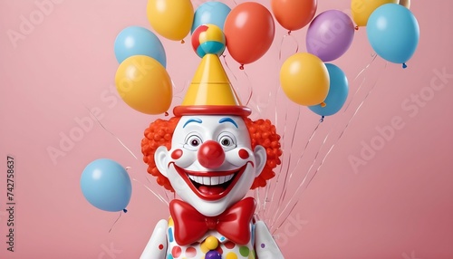  April fool's day. Crazy funny illustrations of a laughing clown in a cap, a toy on a spring, glasses with a nose and a smile, balloons for a poster, background generative ai.