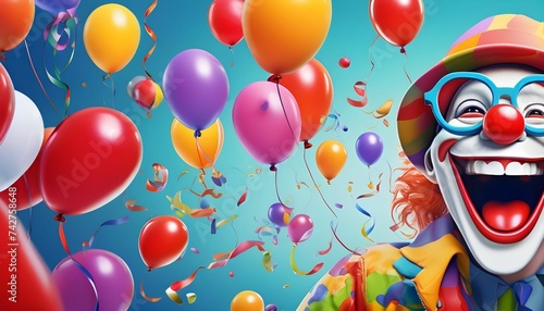 April fool's day. Crazy funny illustrations of a laughing clown in a cap, a toy on a spring, glasses with a smile, emoticon, balloons for a banner, background or greeting card. Generative AI