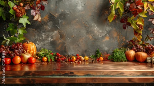 An empty rustic wooden table surrounded by vibrant green plants and foliage in a lush garden setting.