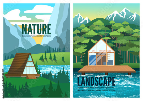 Modern forest house chalet cabin in nature. Camping glamping contemporary cottage in alpine scenery background. Vector poster or cover illustration. Sunny morning European wild nature scenic view.