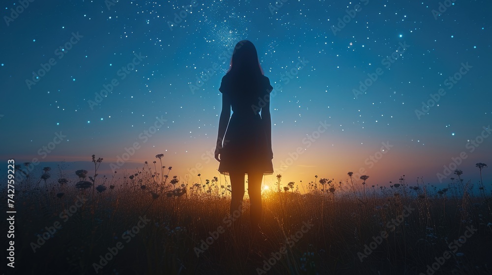 Silhouette of a woman standing in a field at dusk with stars above and a sunset horizon