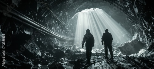 Two miner explore mining tunnel. Monochrome color effect. Generative AI technology.